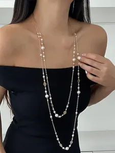 Elegant Pearl & Crystal Beaded Layered Necklace Set, Casual Style, Fashion Necklace, All Seasons Wear, Perfect for Sweater Chains & Tees