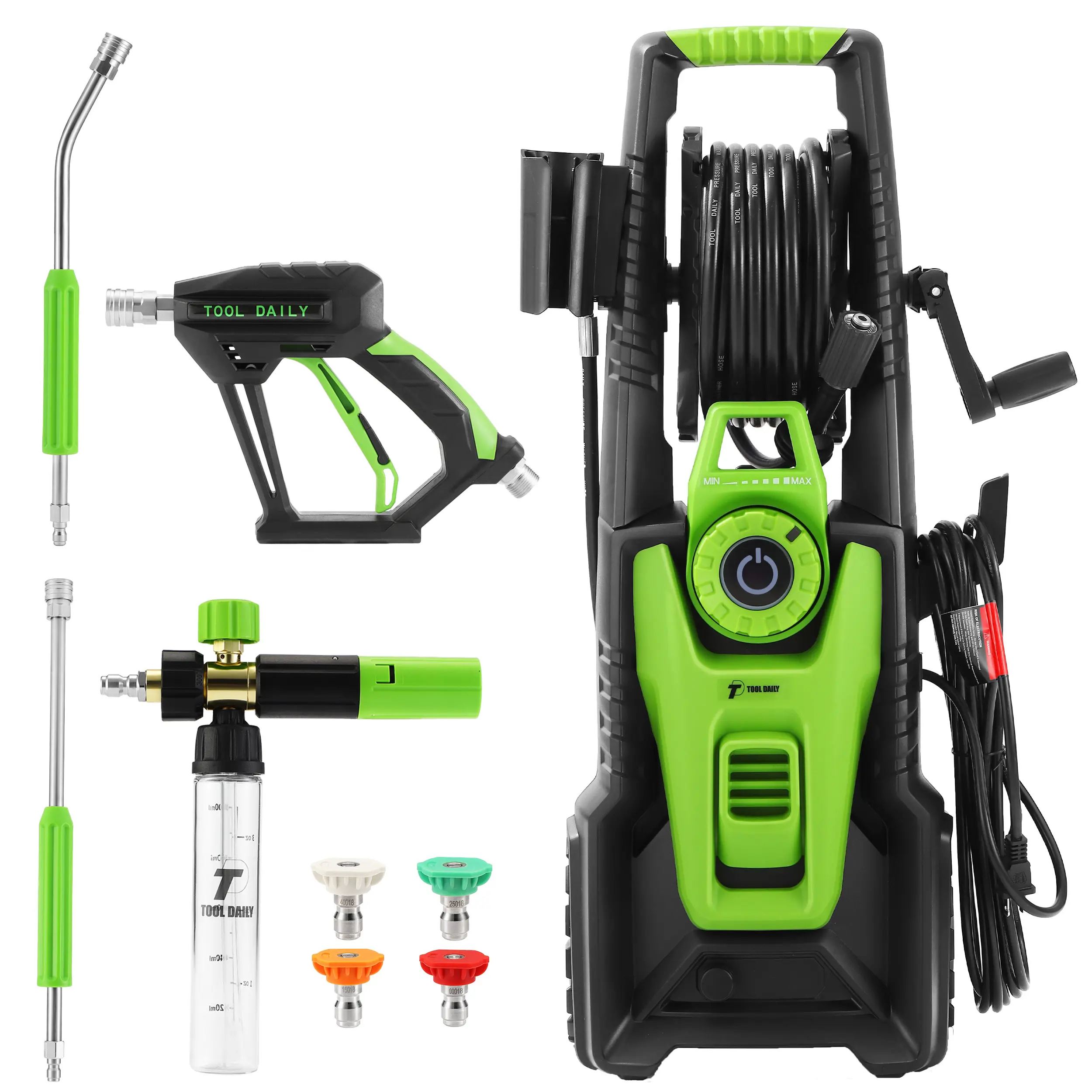 Tool Daily Portable High Pressure Electric Pressure Washer (2500 PSI, 2.5 GPM) with Adjustable Flow, 32 FT Stainless Steel Hose Reel, Mini Foam Cannon, 4 Multi-Purpose Nozzles for Cars, Driveways, Motorcycles | Polyurethane Cleaning Equipment, Stable Dual