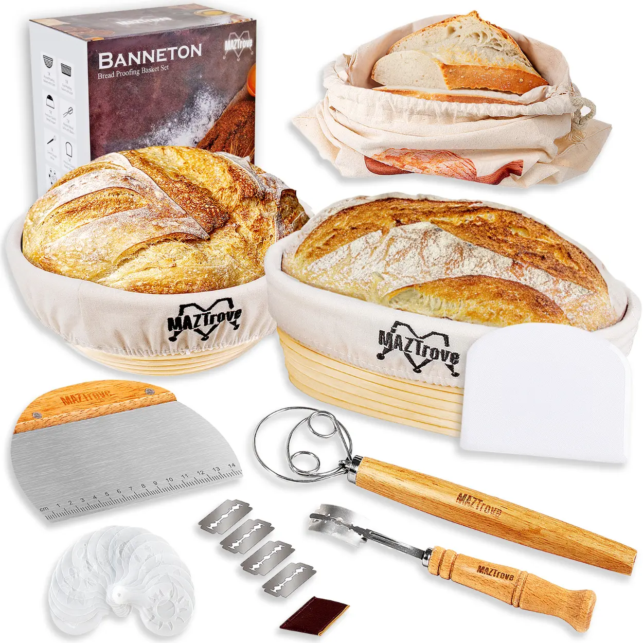 Sourdough Starter and Baking Kit - Round and Oval Bread Proofing Basket Set with baking supplies- Sourdough Starter Kit with Accessories by MAZTrove