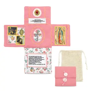 Handmade Catholic Prayer Pocket with Sacred Heart & Virgin Mary Crucifix – English Prayer Text, Linen Drawstring Bag & Bible Card Set | Religious Gift for Mom, Grandma & Friends | Spiritual Comfort for Travel, Home Altar, Hospital & Back-to-School Season