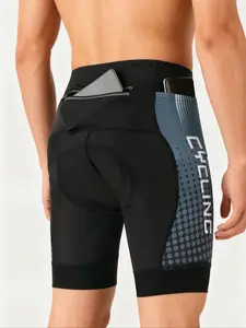 Men's 3D Geometric Cycling Shorts, Breathable Road Bike Shorts with Pockets, Elastic Comfort Performance, Spring & Fall Sporty Style