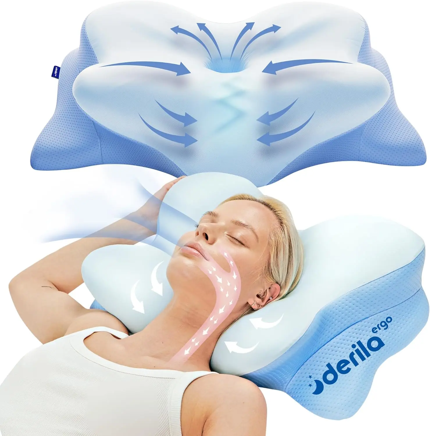 Derila Ergo Cervical Neck Pillow, Ergonomic Memory Foam Pillow for Men and Women, Contoured Neck Support Pillow for Side, Back and Stomach Sleepers, Cooling Breathable Design for Comfortable Sleep