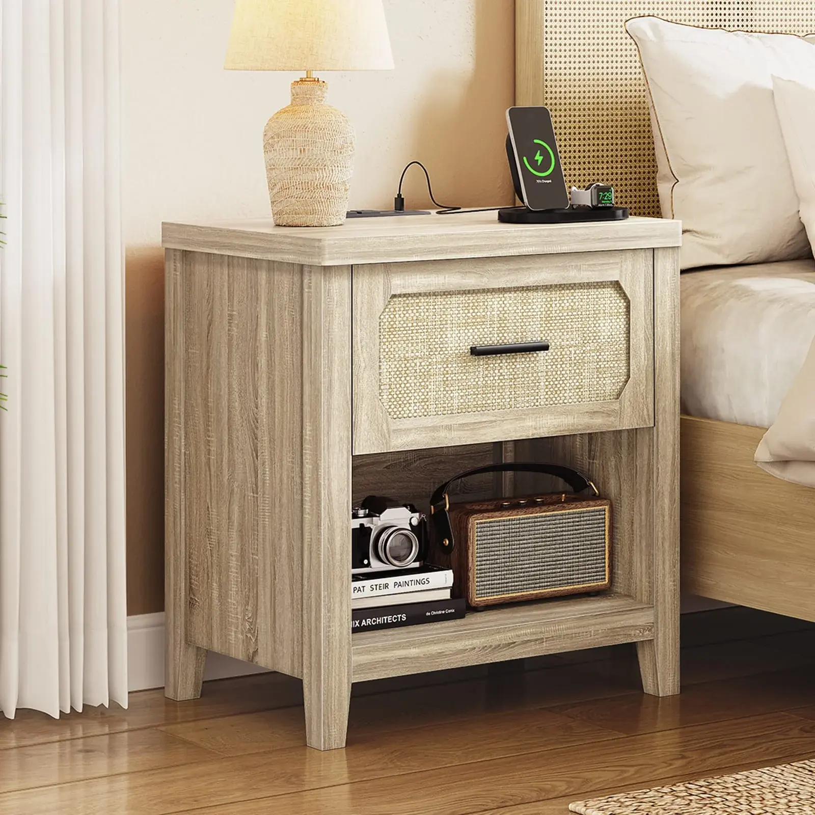 SIKAIC 22-Inch Gray Rattan Nightstand - Contemporary Classic Modern Bedroom Furniture with Built-In Charging Ports, Flat Top, Storage Drawer, Grey Oak Indoor Side Table