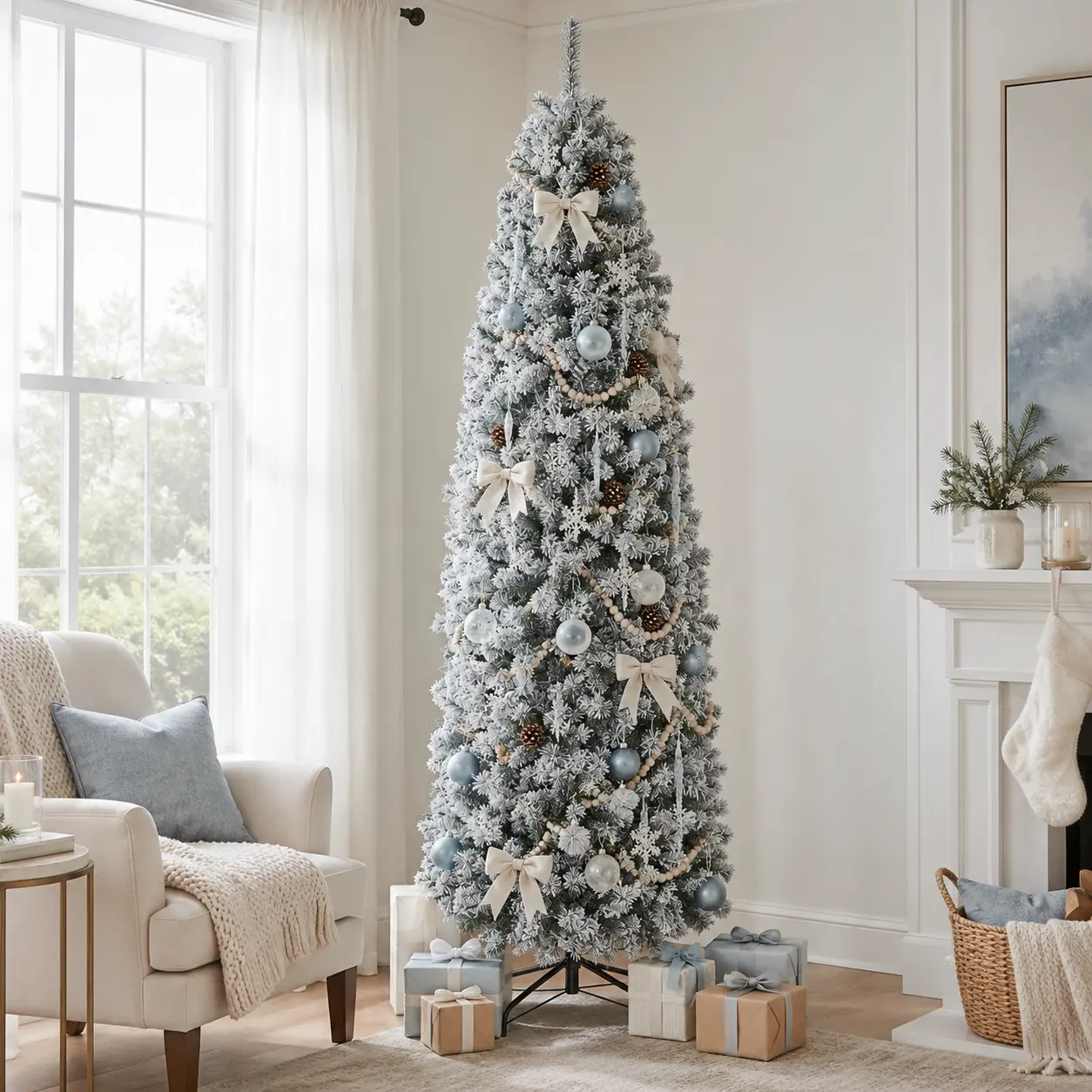 Costoffs Pre-lit Fluffy Artificial Pencil Christmas Tree - 6/7.5/9 FT, 24.3 lb, Warm Lights, Steel-Metal PVC Snowy Fir, Included Stand, Magic Decoration for Cozy Holiday Living Room Ornaments