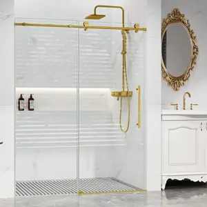 Shower Glass Door (56-60 in W x 75 in H), Frameless Shower Door with Clear SGCC Tempered Glass 5/16 in (8 mm), Shower Sliding Door with Waterroof Seal Strip, Gold