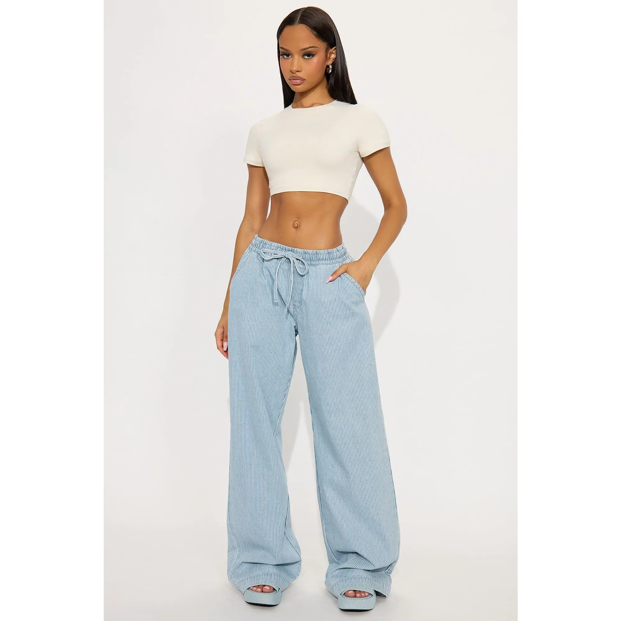 Tall Seawalk Striped Pull On Wide Leg Jeans - Light Blue