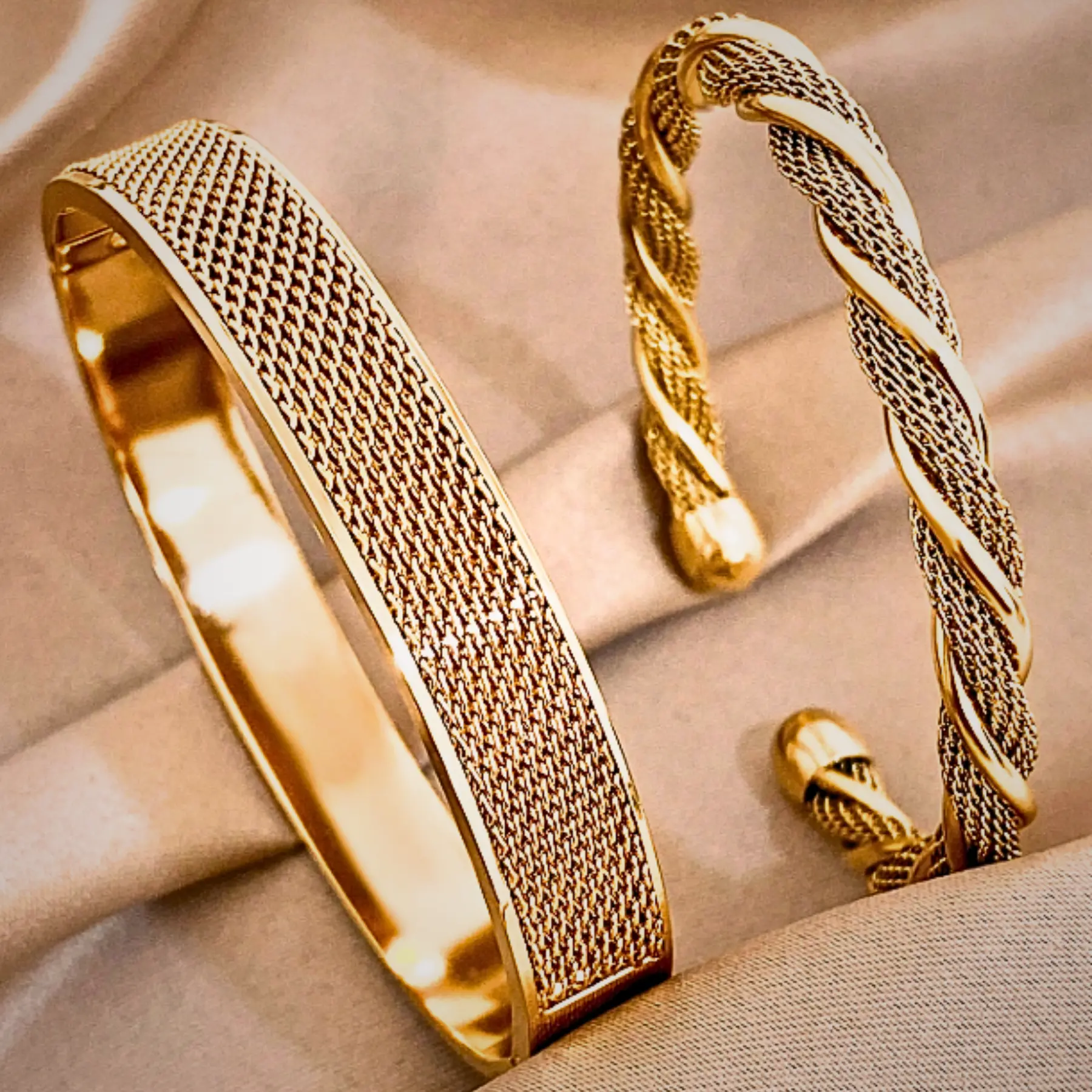 2-piece Women’s 18K Gold Plated Stainless Steel Bangle Set – Elegant Braided Twist Bracelets for Daily Wear & Special Occasions