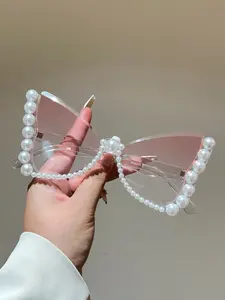 New Women's Butterfly Cat Eye Fashion Sunglasses, Trendy Faux Pearl Trimmed Glasses, Simple High-End Style Accessory
