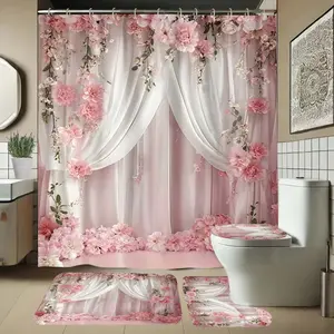 Abstract Floral Bathroom Set, Includes Soft Shower Curtain, Mat, Toilet Seat Cover, Elegant Decor, 4-Piece Bath Ensemble, Shower Curtain Sets