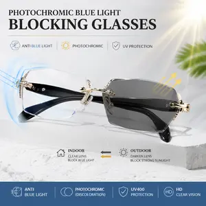 Rimless Photochromic Anti-Blue Light Glasses, Frameless HD Clear Vision Eyewear with Diamond-Cut Lenses, UV400 Sun Protection, Lightweight Fashion Temple Design, Unisex Adults Glasses for Computer, Reading, Daily Use, Mens Gifts