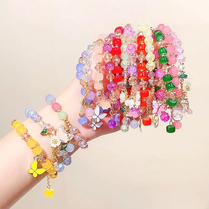 Fashion Abacus Bead Butterfly Pendant Bracelet for Women Elegant Barrel Bead Stretch Beaded Bracelet