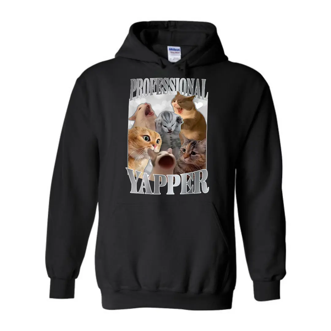 Funny Cute Graphic Shirt, Professional Yapper Hoodie, Kawaii Cat Funny GenZ Hooded, Casual Crewneck Tee Top
