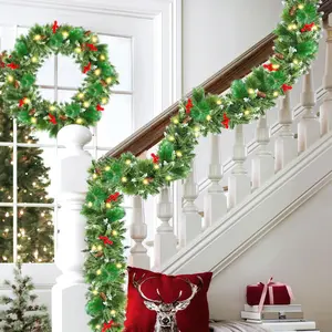 Christmas Garland with Lights, 50 LEDs 9FT Prelit Garland  Operated Outdoor Indoor Christmas Decorations Lighted Garland for Stairs Railing Fireplace Mantle Front Door  Holiday Decor