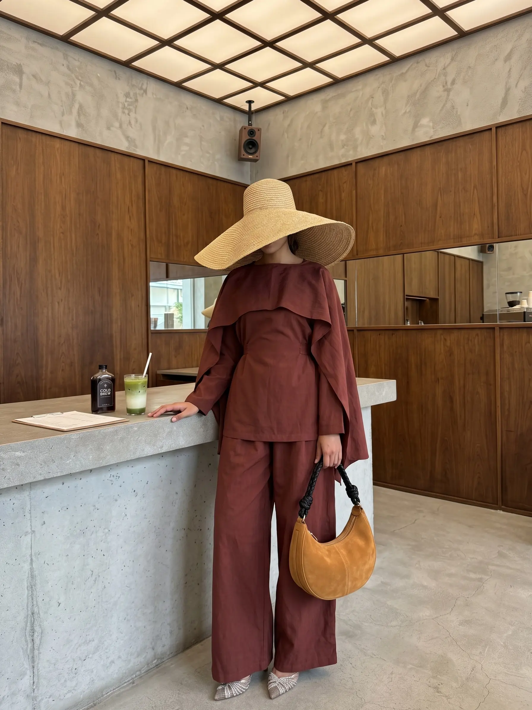 #CL82 Women 3 Piece Modest Outfit Set, Red & Brown, Detachable Cape Shawl + Waist Cinched Long Sleeve Blouse + Wide Leg Trousers Suit, Back Tie Elegant Islamic Co Ord, Ramadan Eid Abaya Matching Set for Daily Casual & Occasion Wear