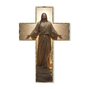 Vintage St. Jesus Wooden Wall Cross Plaque, 8x12 inches - interior and exterior wall art decoration, suitable for families, churches, pastoral gifts, holiday decorations, religious wall art