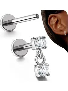 16G Silver Stud Earrings Flat Back - G23 Titanium Internal Thread Dangle CZ Cartilage Earrings for Women CZ Stud Piercing Jewelry Tragus/Helix/Conch/Medusa/Lip/Labret/Nose 6mm 8mm Cubic Zirconia Jewelry