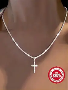 925 Sterling Silver Rhinestone Decor Cross Pendant Religious Necklace for Women & Men, Fashion Pendants, Fashion Jewelry for Party, Daily Decor, Trendy All-match & Exquisite Jewelry for Birthday Gift