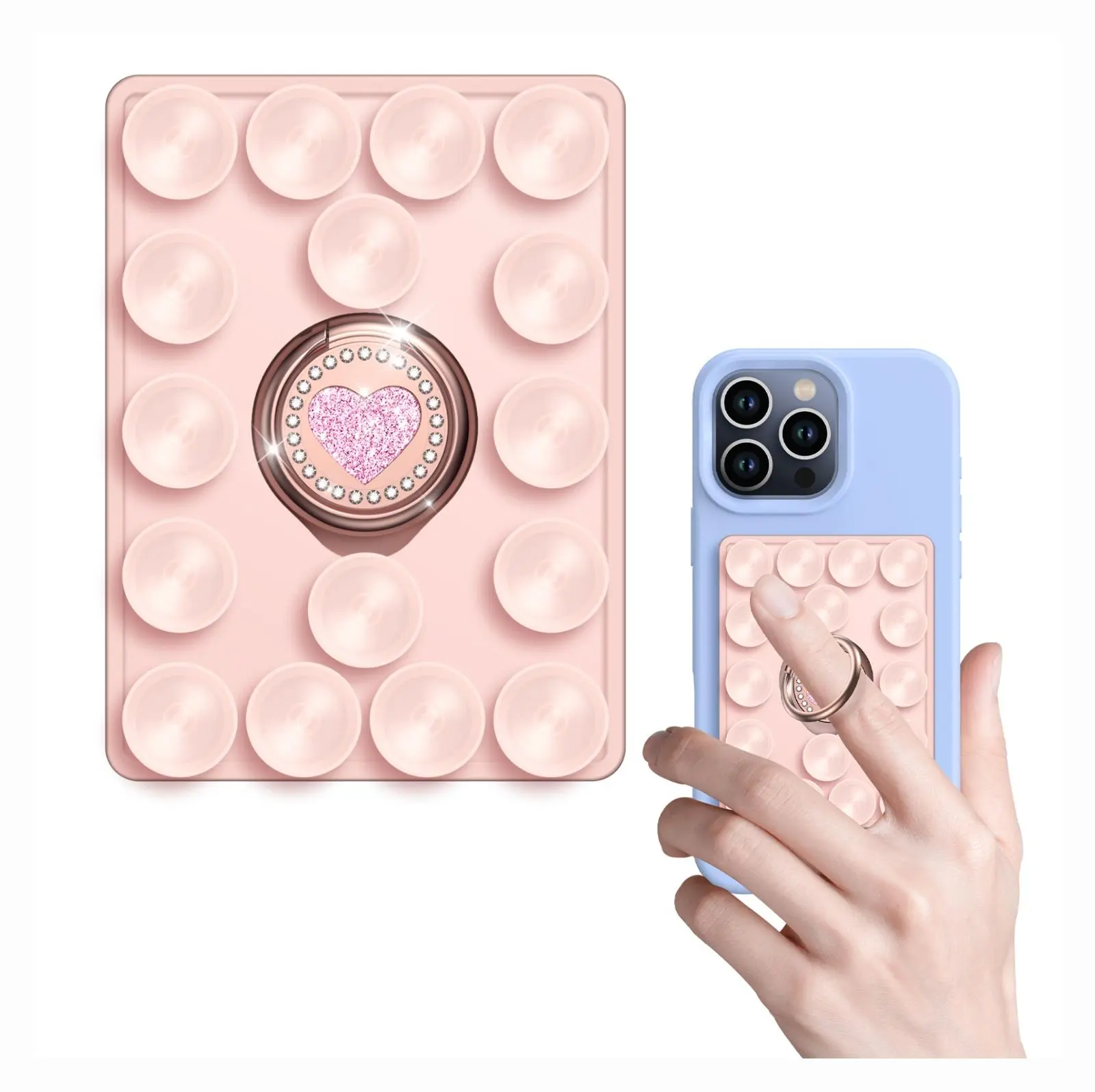 Silicone Suction Cup Cell Phone Stand Mount - Sticky Smartphone Grip with Love-Heart Ring, Pad, Hands-Free Strong Holder for Selfies, Mobile Phone Accessories for iPhone, Android