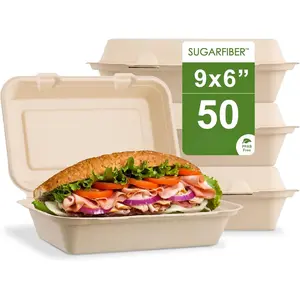 [50 COUNT]   FREE 9 X 6" Compostable Clamshell  Containers, Heavy-Duty Hinged Container, Disposable Bagasse   Takeout to go Box, Made from Sugarcane