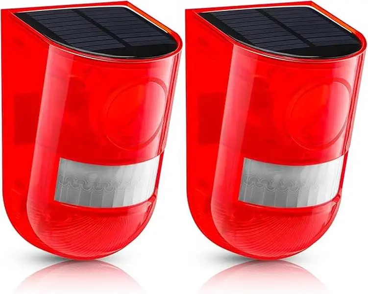 2-Pack Outdoor Solar Sound & Light Alarm, 129db Siren, Waterproof Motion Detection, LED Flash Warning Strobe, Home Security Outdoor Gadgets (Red)