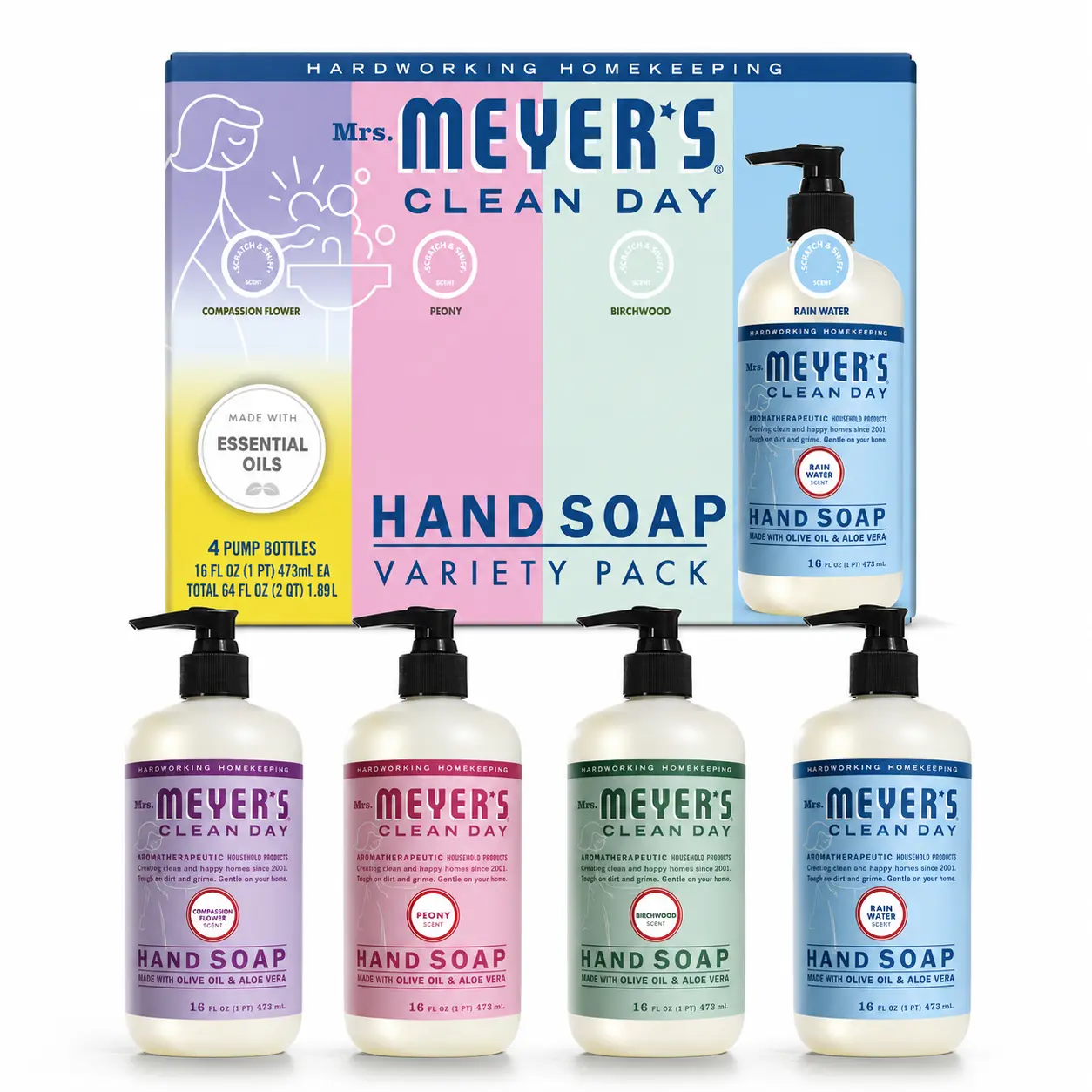 Mrs. Meyer’s Clean Day Liquid Hand Soap, Softening Hand Cleanser Multi-Pack, Assorted Scents, 16 fl oz Pump Bottles, 4 Count, Hand Wash, Bulk Hand Soap