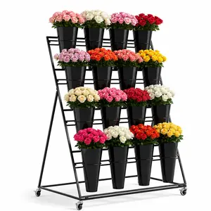 16 Bucket Flower Display Stand with Wheels, 4-Tier Metal Flower Rack with Removable Buckets, Rolling Wrought Iron Plant Display Shelf for Flower Shop, Wedding, Garden, Patio, Indoor Outdoor Floral Organizer, Black decor