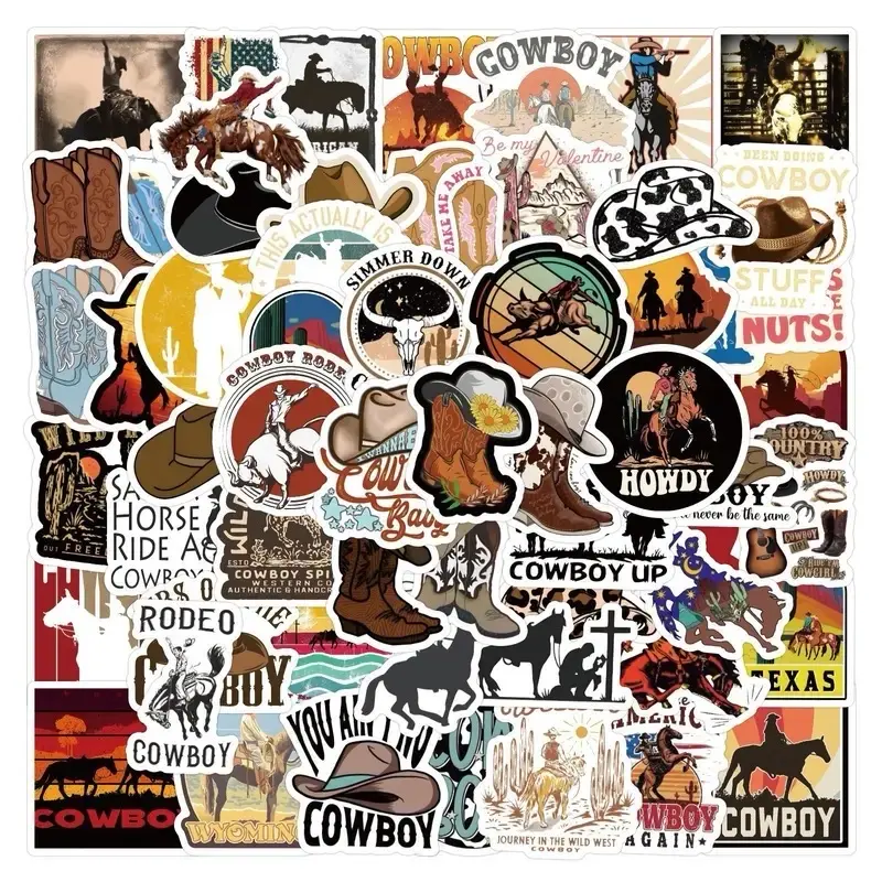50 Pack of Cowboy and Western Themed Stickers and Decals. Waterproof and No Duplicates.