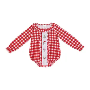 Baby Girls' Festive Red Plaid Romper, Long Sleeve Christmas Outfit with Embroidered Tree and Lace Trim, Sizes 0-3 Months - 2T