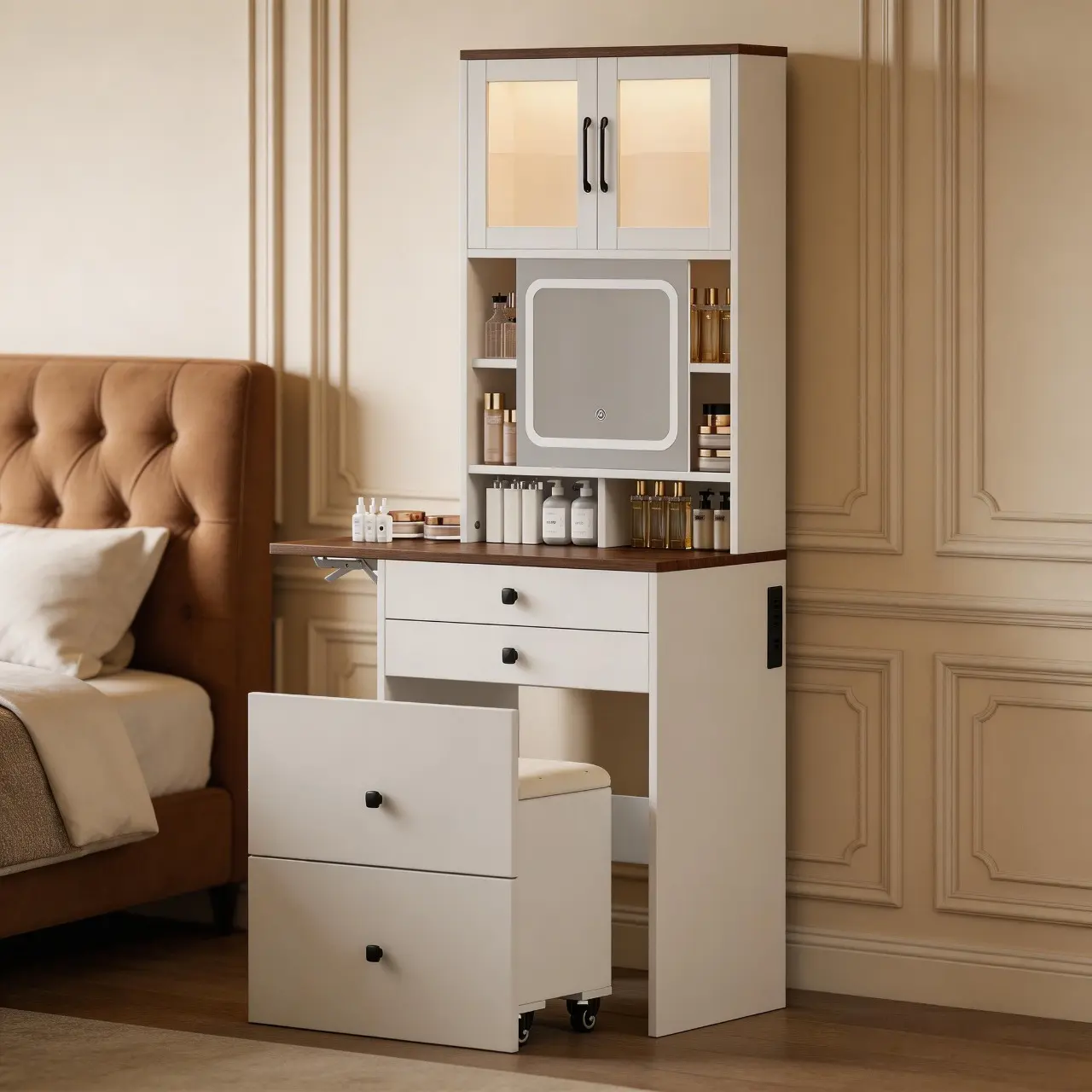 3 in 1 Small Vanity Desk with Mirror and Light, Makeup Vanity Table with Drawers for Small Space, Compact Mini Corner Vanity Set Dressing Table Farmhouse style