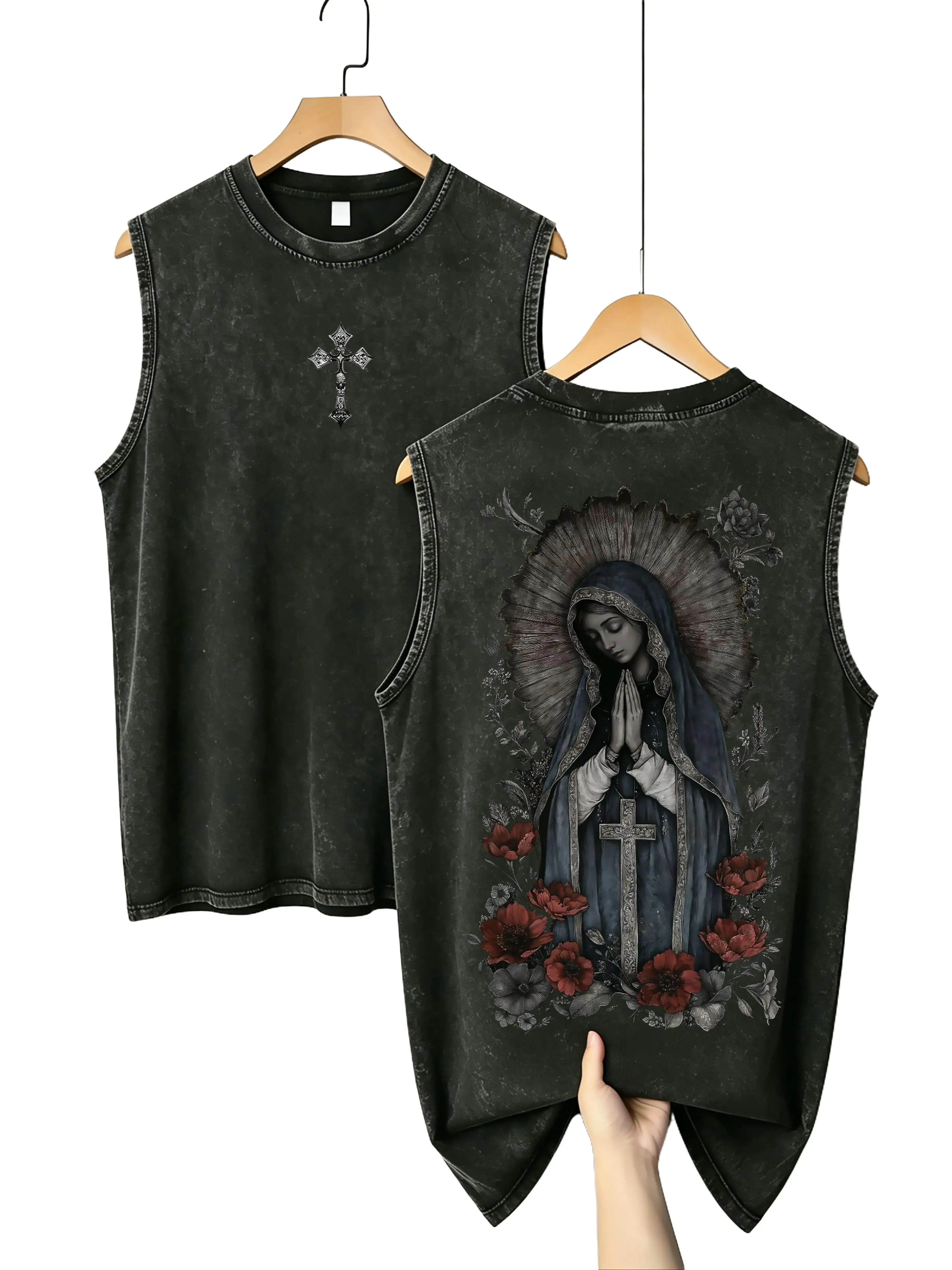 Men's Gothic Christian Tank Top with Retro Virgin Mary Print, Oversized Soft Cotton, Vintage Acid Wash, Round Neck Streetwear, Printed