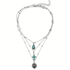 Set of 3 Alloy Imitation Turquoise Pendant Necklaces Featuring Vintage Western Cowboy-Style Cross And Teardrop-Shaped Pendants for Layered Wearing