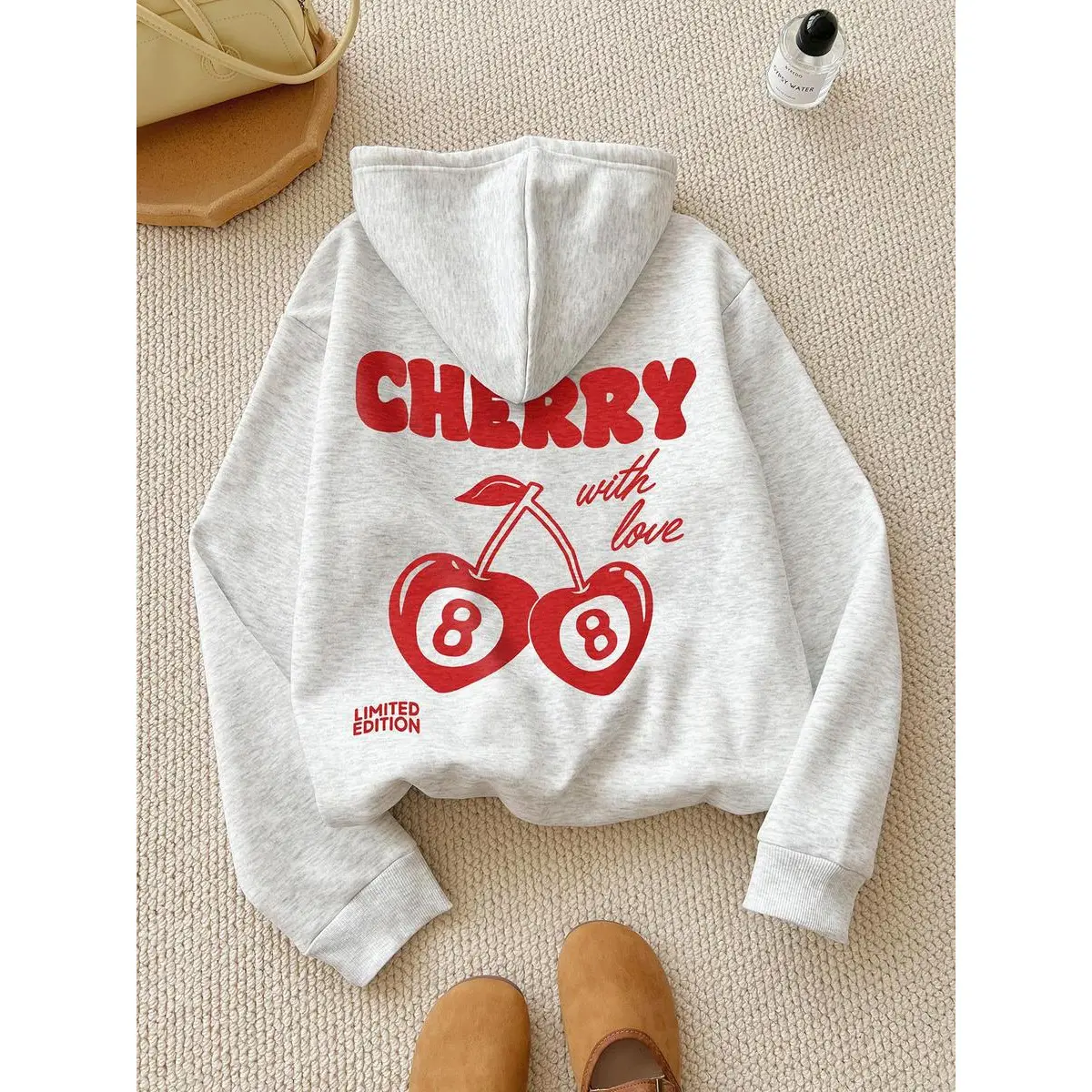 Women's Cherry & Letter Print Drop Shoulder , Fashion Casual Drawstring Pocket Hooded Sweatshirt for Daily Holiday Outdoor Wear, Women Clothing for good new flamingo merch outfits city boy hoodie boxy fit shirt Funny Meme T-Shirt quarter zip men georgia