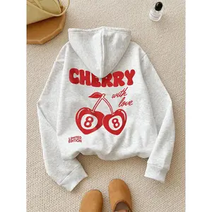 Women's Cherry & Letter Print Drop Shoulder , Fashion Casual Drawstring Pocket Hooded Sweatshirt for Daily Holiday Outdoor Wear, Women Clothing for good new flamingo merch outfits city boy hoodie boxy fit shirt Funny Meme T-Shirt quarter zip men georgia