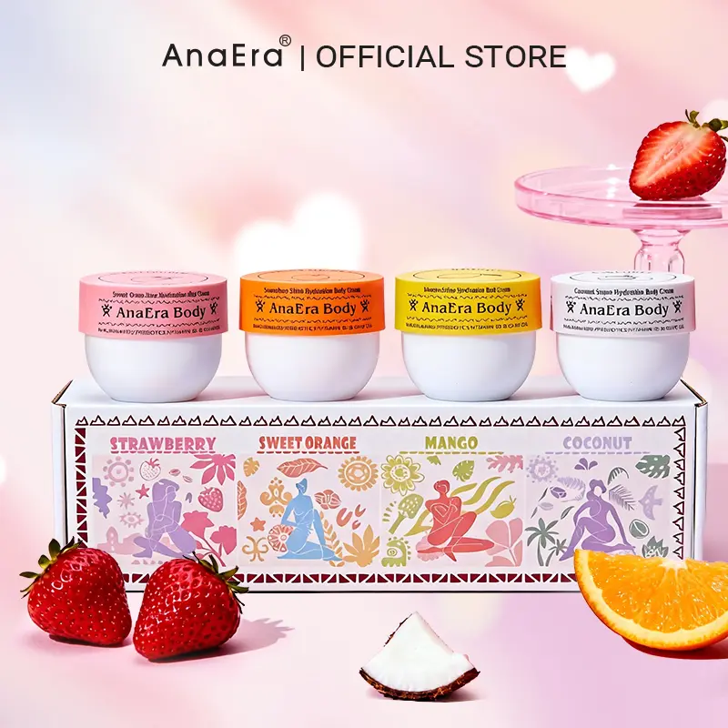 AnaEra Shine Body Cream (Strawberry, Orange, Mango, Coconut) | Niacinamide, Olive Oil, Vitamin B5, Prebiotics | Glow Body Gift Set 50mlx4 | Body Highlighter, Dress Companion | Perfect Gift for Her, Shine for Summer Beach, Party, Music Festival,Summervibes