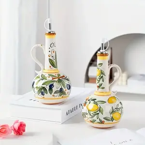 Hand-Painted Ceramic Oil Dispenser, Fruit & Leaf Design, Leak-Proof Kitchen Bottle for Olive Oil, Vinegar, Soy Sauce, Freezer Safe