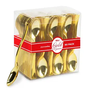 Gold Plastic Mini Spoons Disposable, 4 inch (80 Pack) Tasting Spoon, Dessert Mini spoon for Ice Cream Taster, Small Sample Desserts, Gelato Sampling, Fancy Miniature Pudding, Little Appetizers, Bulk