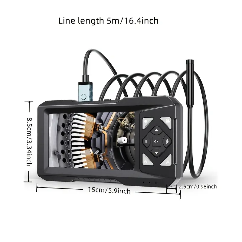 4.3-Inch IPS Screen Industrial Endoscope Camera, 1080P HD Borescope Inspection Camera With IP67 Waterproof Probe, 5M Semi-Rigid Cable, Photo & Video Recording, Hook/Magnet/Side Mirror Accessories,