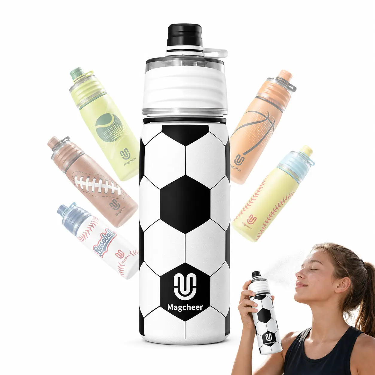 Magcheer 20 oz Insulated Misting Water Bottle, 2-in-1 Mist and Sip Stainless Steel Sports Bottle with 3D Textured Grip for Kids and Teens