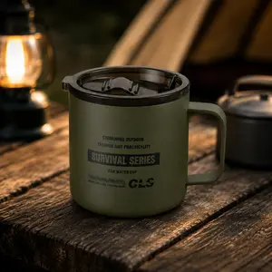 350ml Stainless Steel Camping Mug with Lid, Tactical Outdoor Coffee Cup with Foldable Handle, Army Green Portable Travel Cup for Hiking, Camping, Car & Daily Use
