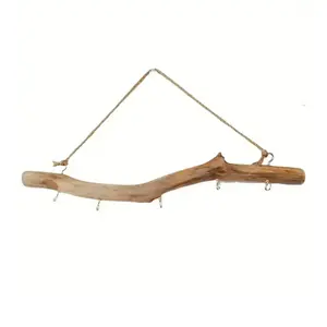 Country Style Wooden Driftwood Hooks, Wall Mounted Branch Hook Rack, Jewelry Storage with 5 Hooks, Home Kitchen Organizer, Bathroom Decor