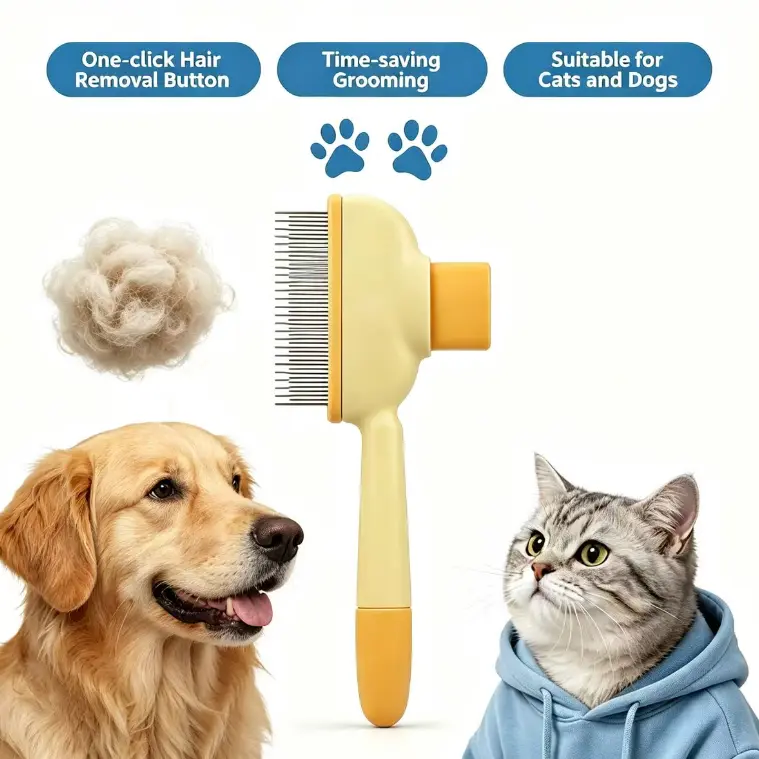 Dog & Cat Grooming Deshedding Tool 2-Pack - Stainless Steel Teeth Combs & Brush, 1-Press Hair Release, Easy Grip, Gentle on Skin, Fast Fur Removal, Tidy Hands, Undercoat Lift for Cleaner Home, One-Press Hair Release, Tidy Hands
