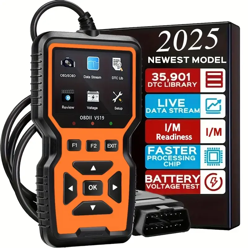 V519 OBD2 Code Reader for Cars & Trucks - Professional Engine Fault Scanner with 35901 DTC Library, Faster Chip, Live Data, Flexible OBDII Cable, High-Contrast Color Display, Vehicle Info, Battery/Coolant Tests for DIY Mechanics (Code Reading Capable), Co
