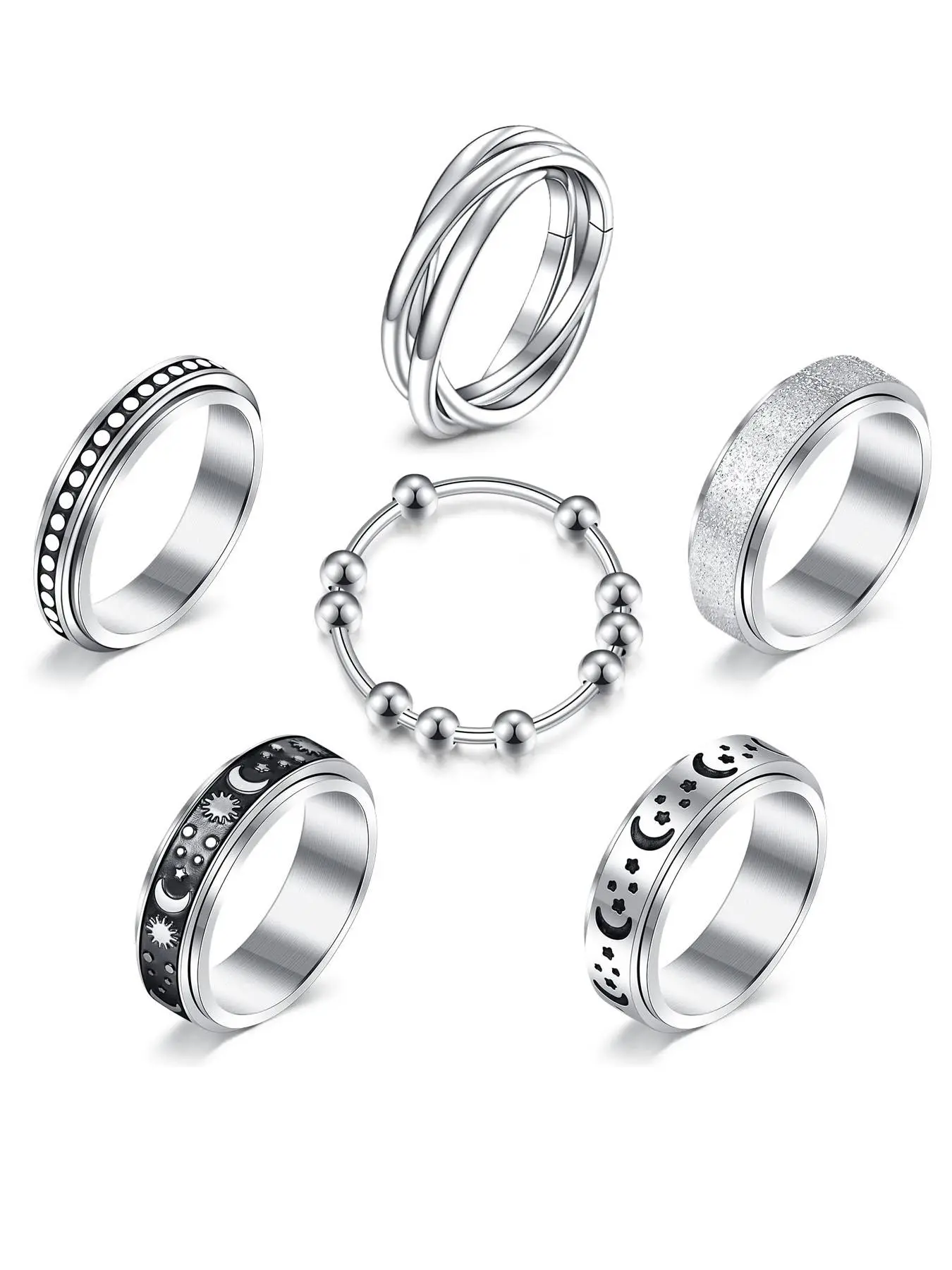 Punk Goth Style Rotating Star & Moon Design Stainless Steel Rings, Fidget Spinner Ring, Gifts for Men/Women, Stress Relief Jewelry Rings, Matching Funky Unique Accessories for Girls Birthday Gift, Metal Rings