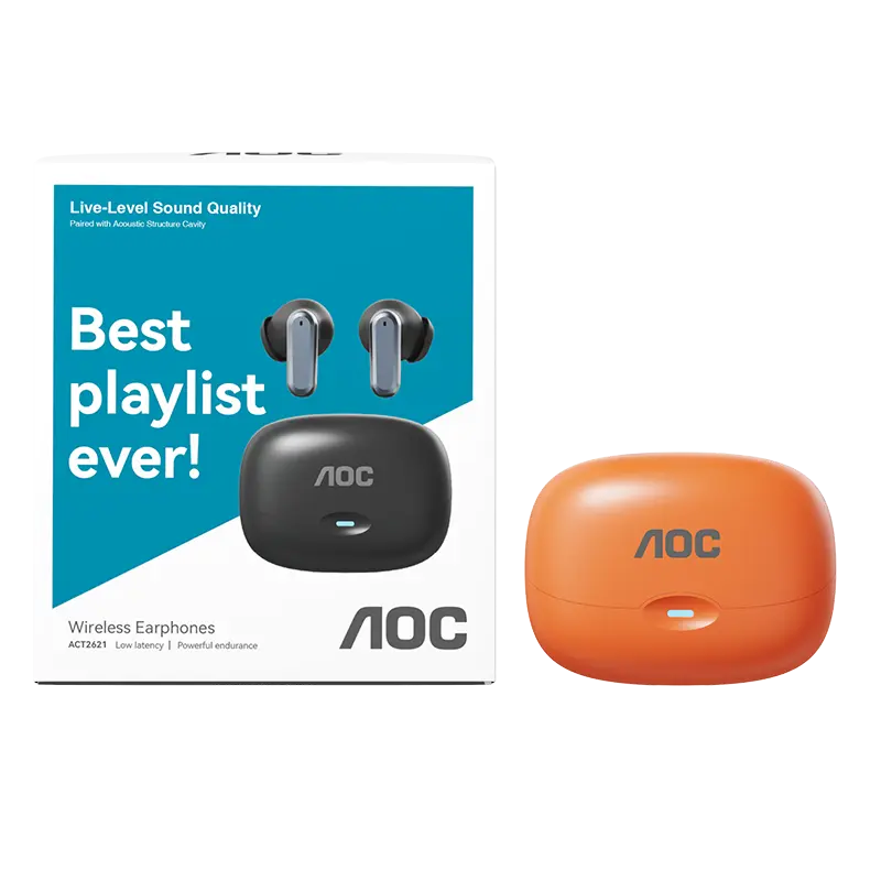 AOC2621 Wireless Bluetooth 6.0 Earbuds IPX5 Waterproof ENC Noise Cancelling 13mm Stereo Sports Touch Control  Long Battery Charging Case office ear gear gamer headphones