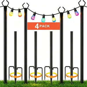 Ft String Light Poles 2-10 Pack,Light Poles for Outside Lights,Outdoor with Fence Brackets Hanging Lights,Metal Stand Deck Patio Backyard