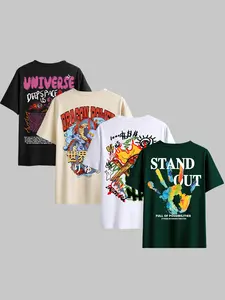 Men's Fitted Letter Print Round Neck Short Sleeve T-Shirt 4 Pack, Fashion Stylish Unique Pattern Design, Comfortable Skin-Friendly Fabric, Summer Casual Outdoor Travel, Menswear