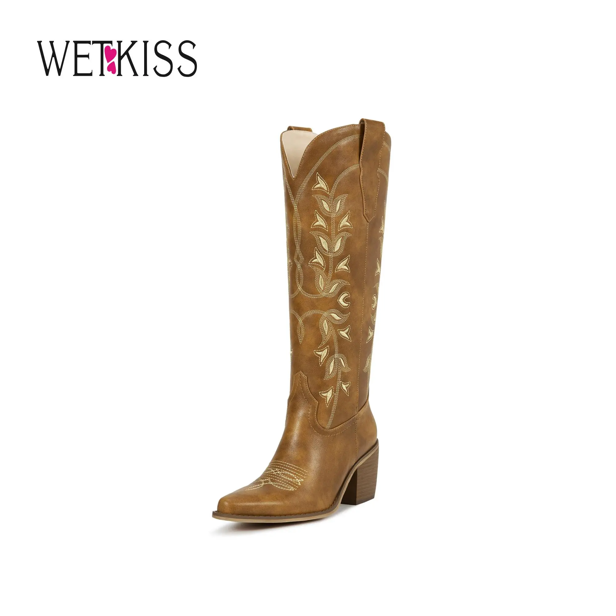 Wetkiss Women’s Knee-High Western Cowboy Cowgirl Boots, Embroidered Pointed Toe Chunky Heel Side Zipper Boots, Walking Shoes, Women Shoes, shoes for back to school#WeeklyDeals#tiktokshopbacktoschool
