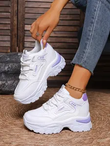 Lace-up sports dad shoes designed for women, Walking shoes, height-increasing white casual chunky heel shoes, comfortable lightweight wedge sneakers, breathable durable, suitable for school, travel, dating
