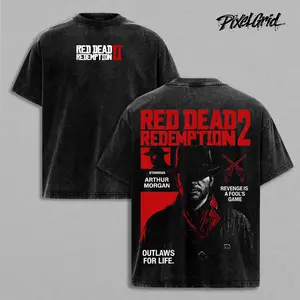 Red Dead Redemption 2 Arthur Morgan Double Printed Oversize Lightweight Acid Washed Tee Game Graphic T-Shirt for Men Casual Day Wear Cotton Fabric - Jeans Vintage Gaming Retro Black Tee Oversized Heavyweight Cotton T-Shirts Love Menswear Top Overall