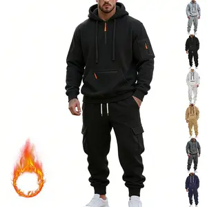 Men's Winter Heavyweight Fleece Lined Casual Set, Loose Fit Sporty Multi-Pocket Workwear Suit, Warm & Comfortable Outerwear